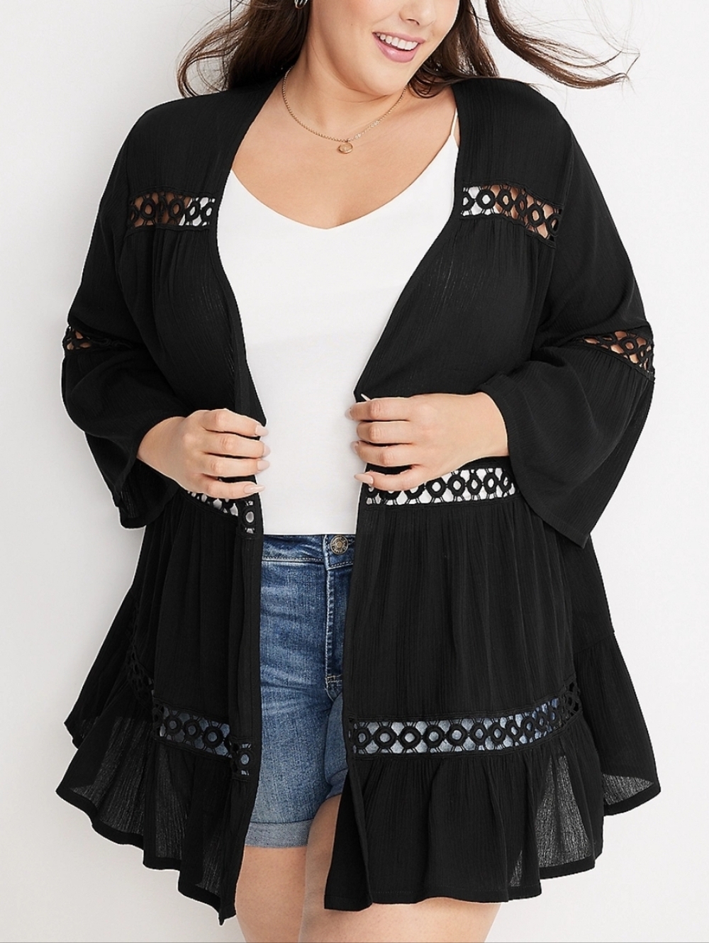 Maurices Plus Size Black Crochet Panel Kimono NWT Size 0X